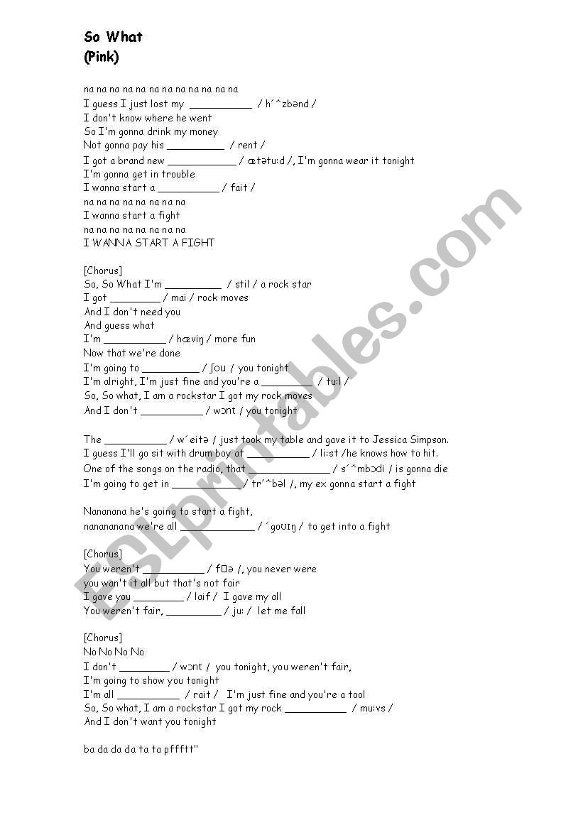 Song So What (Pink) worksheet