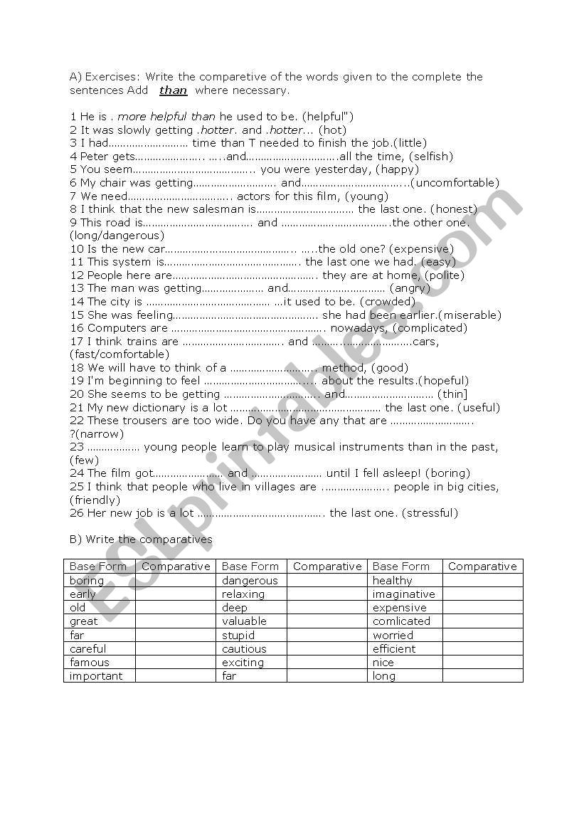 comperative worksheet