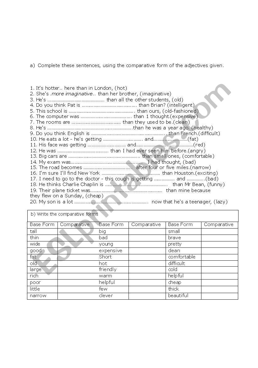 comperative 2 worksheet