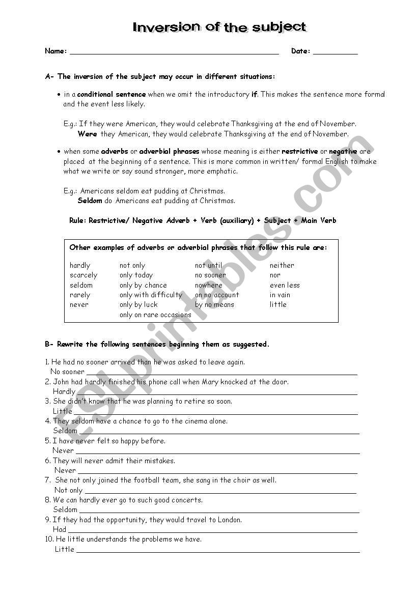 INVERSION OF THE SUBJECT worksheet