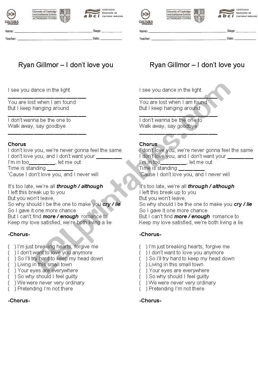 I dont love you - Ryan Gillmor (lyrics)