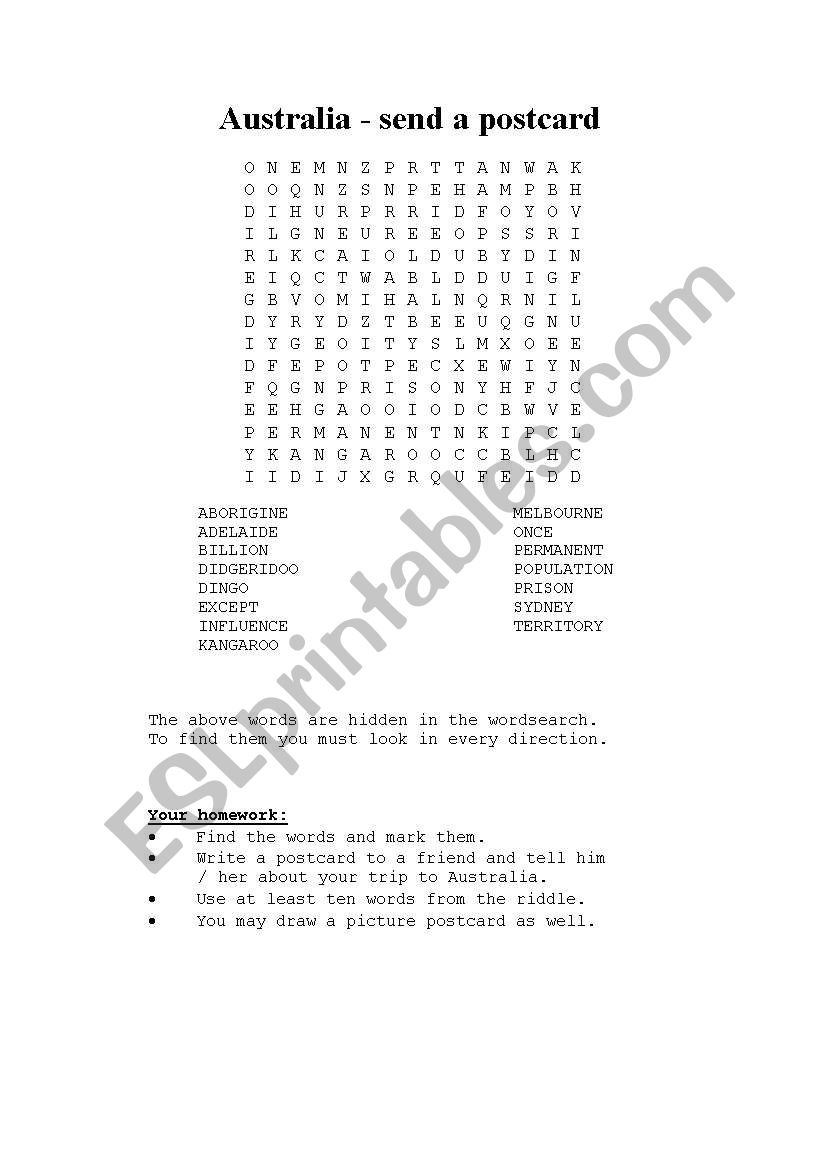 Wordsearch Australia worksheet