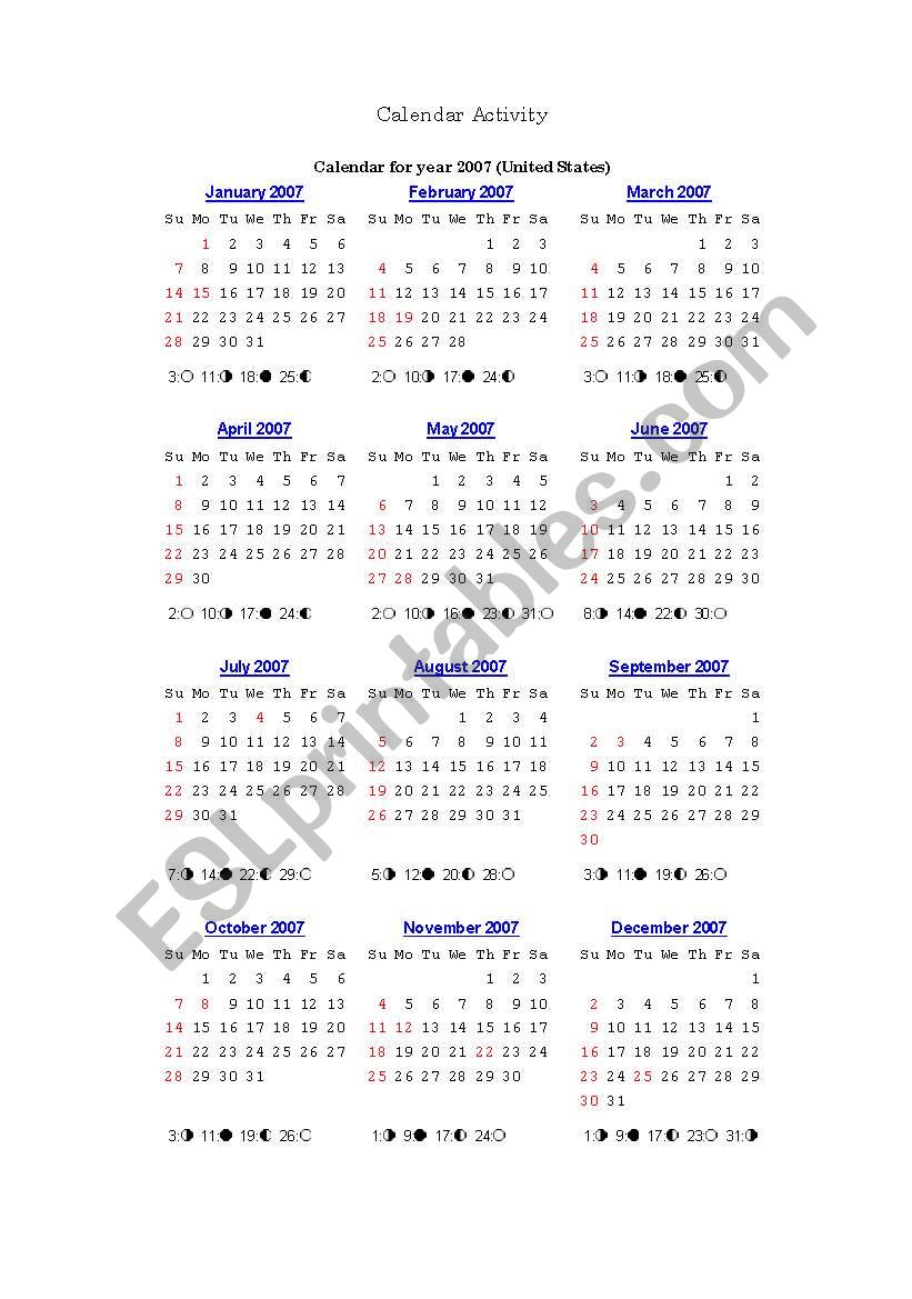 Calendar activity worksheet