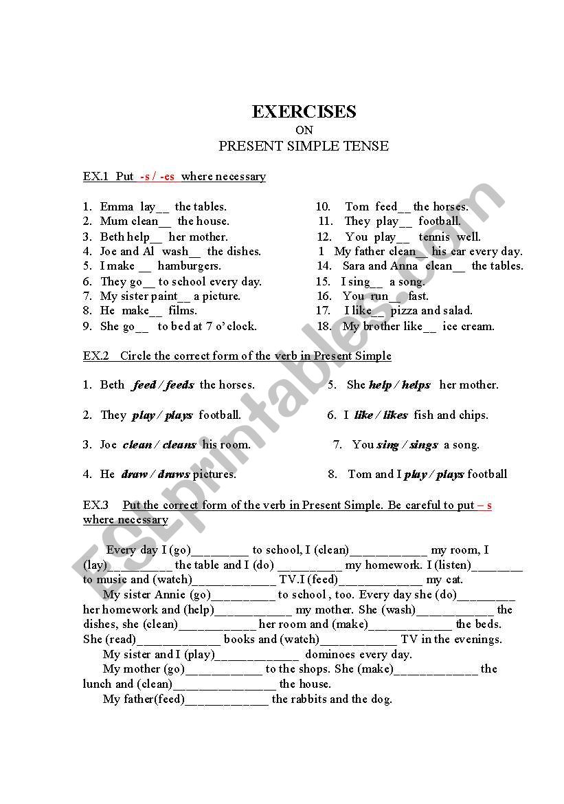 Present Simple , 3rd person, worksheet