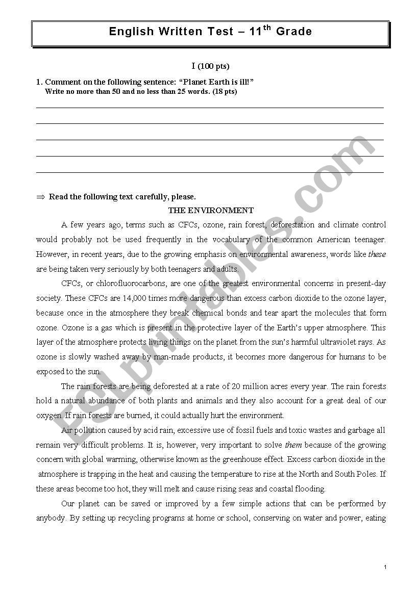 Environment Problems worksheet