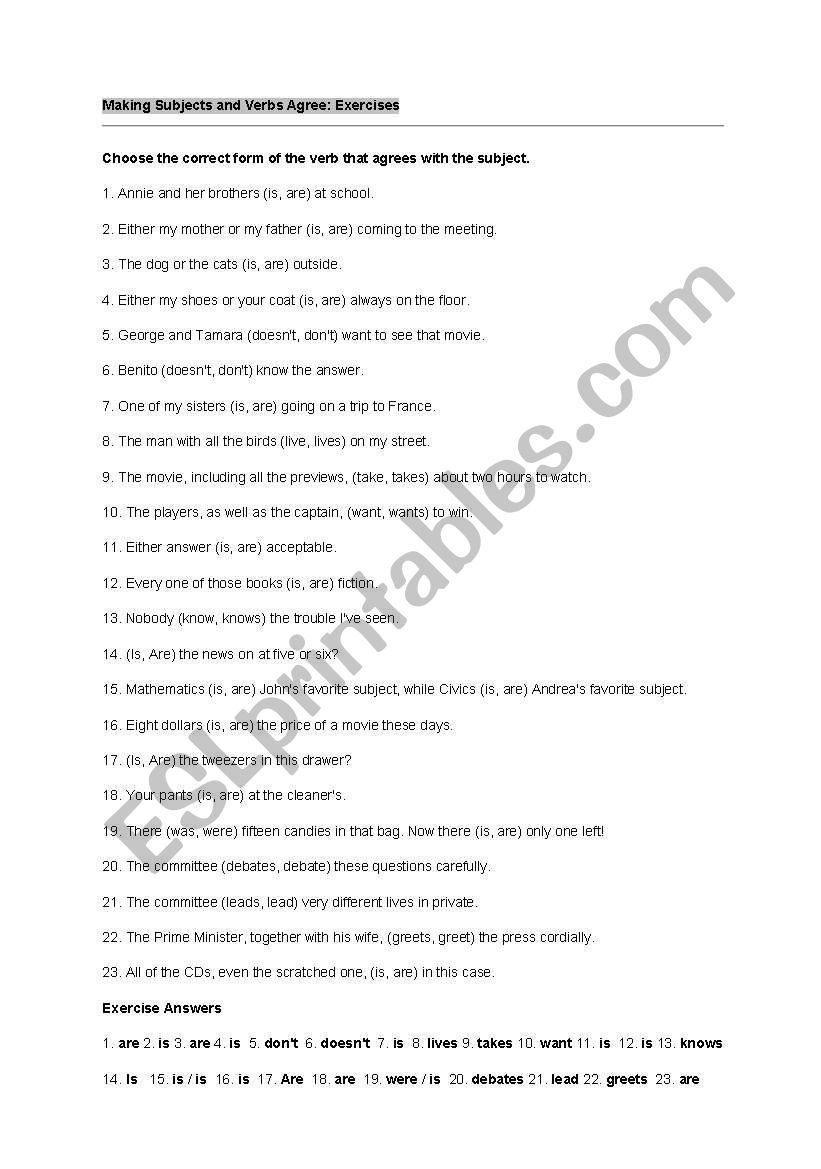 Subject Verb Agreement worksheet