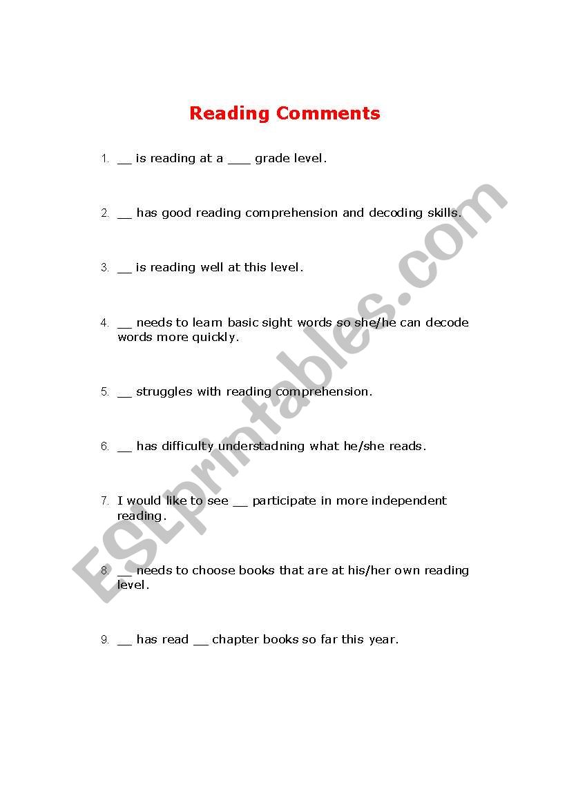 Report Card Comments worksheet