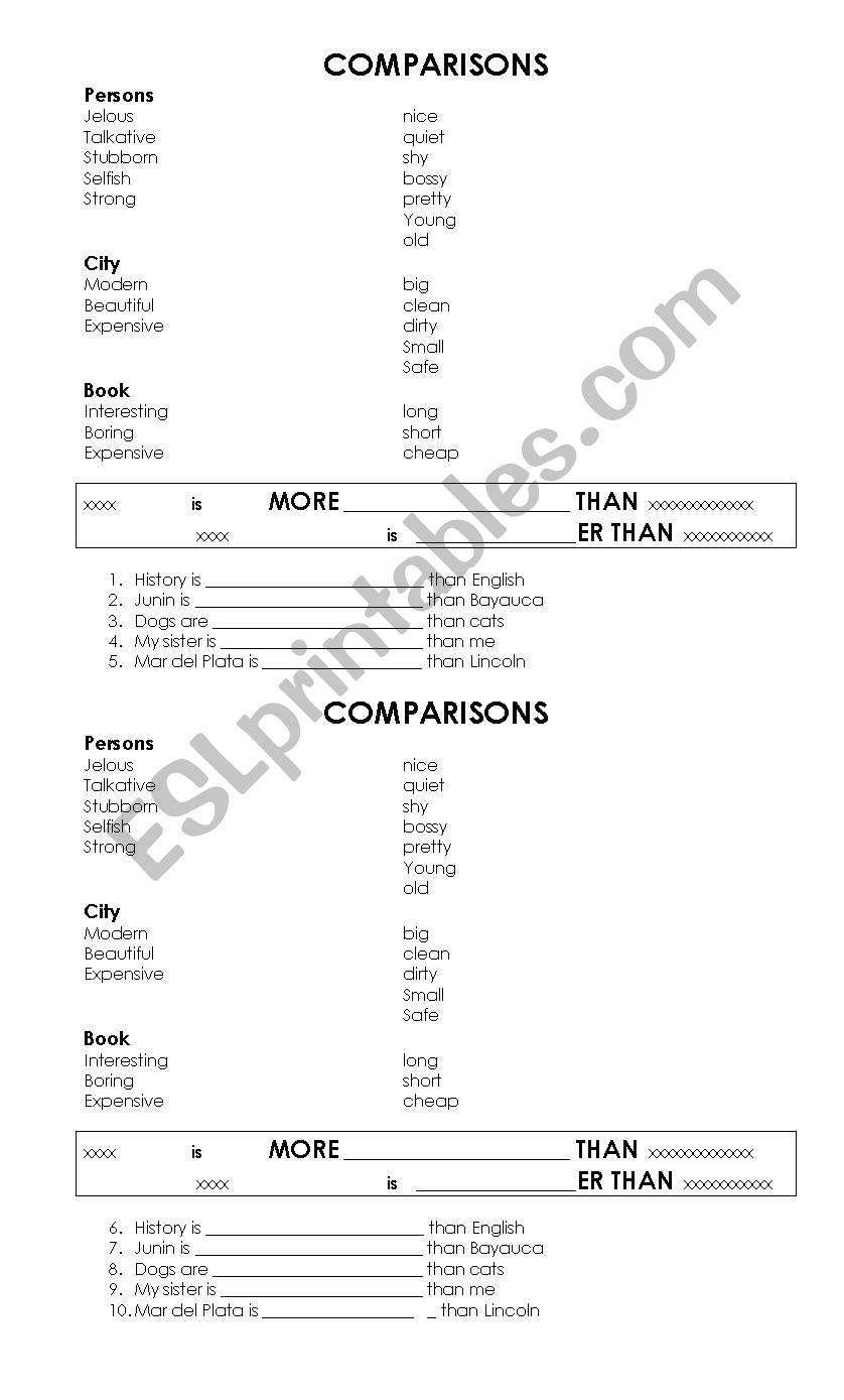 Comparisons worksheet