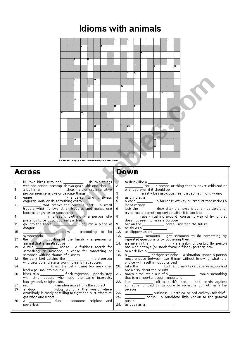 Animals idioms crossword worksheet