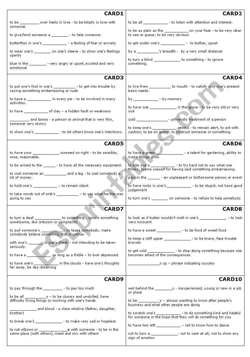 Bingo game with body idioms worksheet