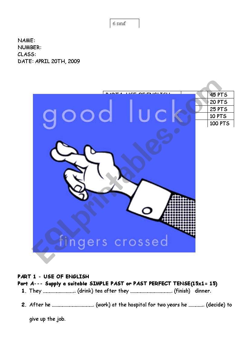 past perfect past simple exam worksheet