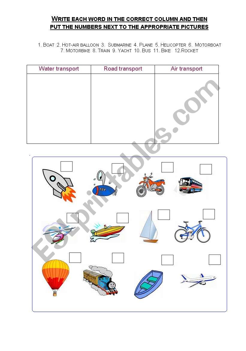 METHODS OF TRANSPORT worksheet