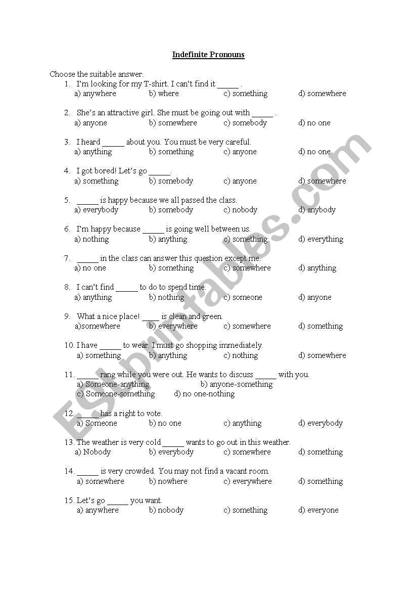 ndefinite pronouns worksheet