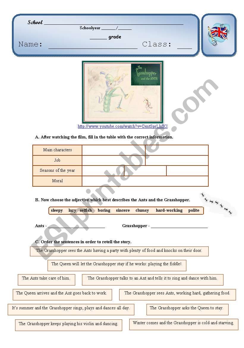 The Ants and the Grasshopper worksheet