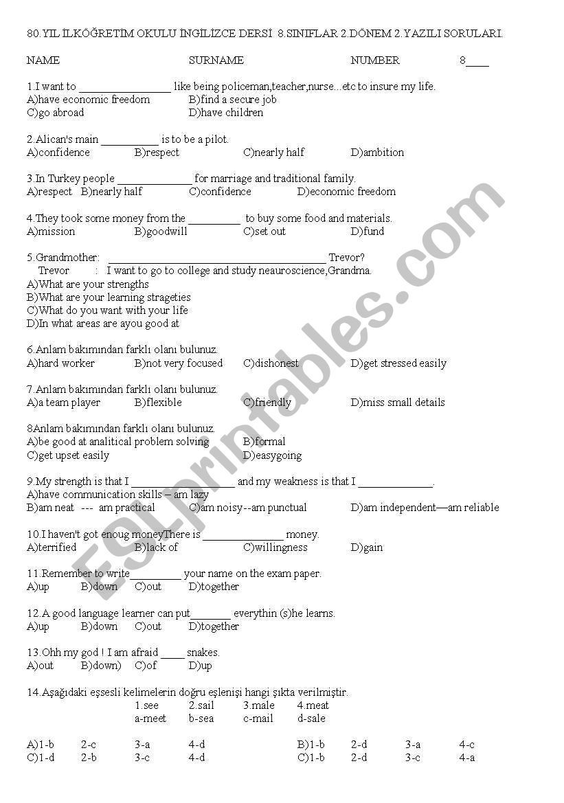 8th class exam paper worksheet