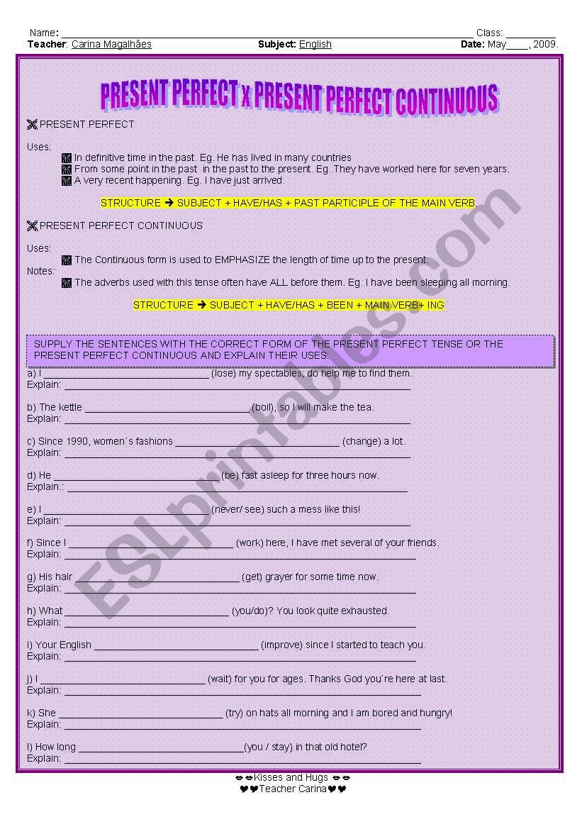 PRESETN PERFECT X PRESENT PERFECT CONTINUOUS