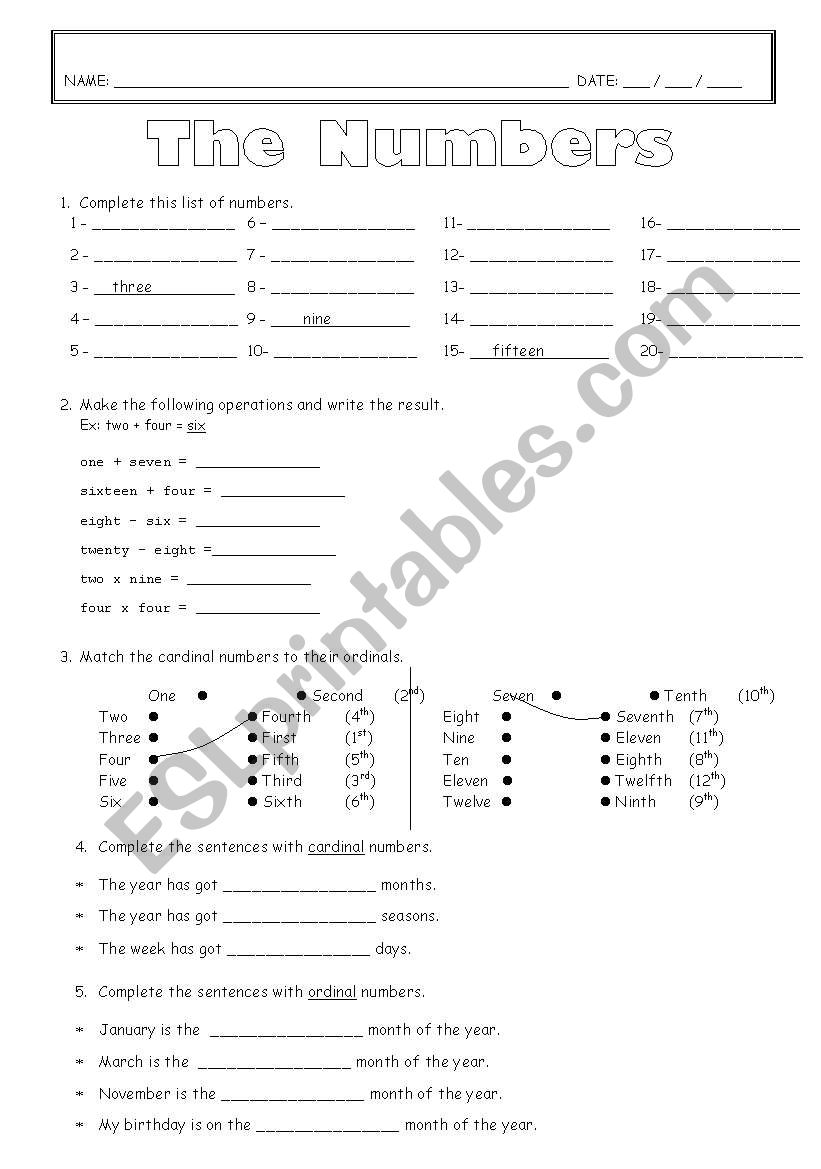 The numbers 1-20: ordinals and cardinals