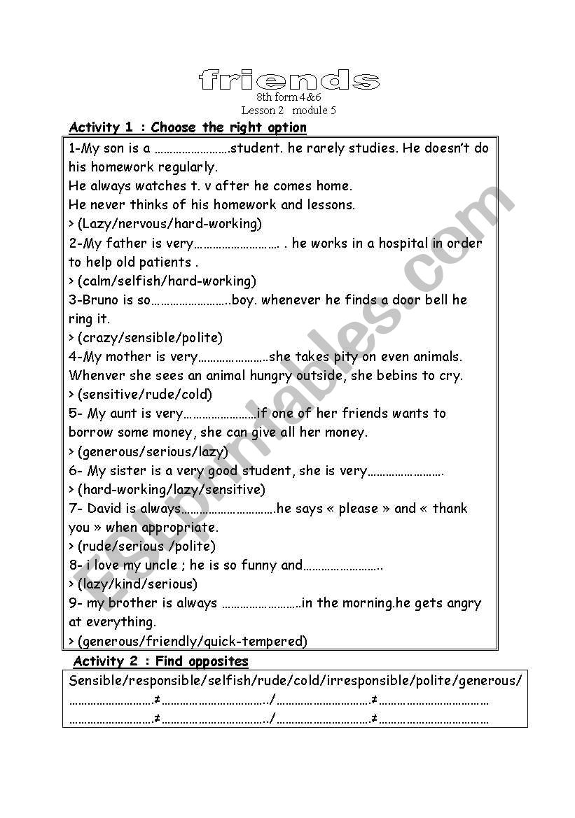 friends and personalities worksheet