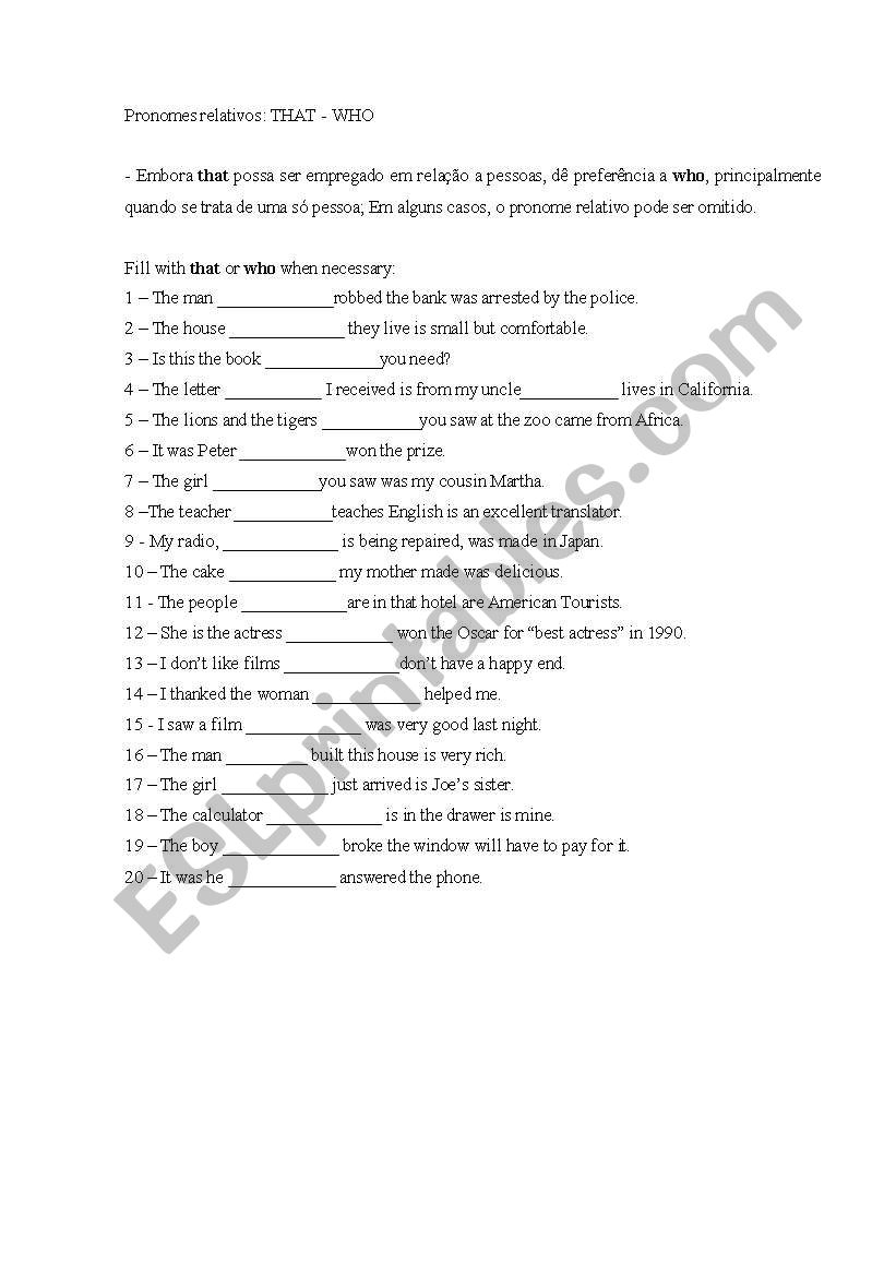 Pronomes relativos worksheet