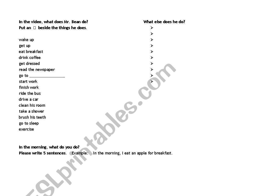 Mr. Beans Morning (routines) worksheet