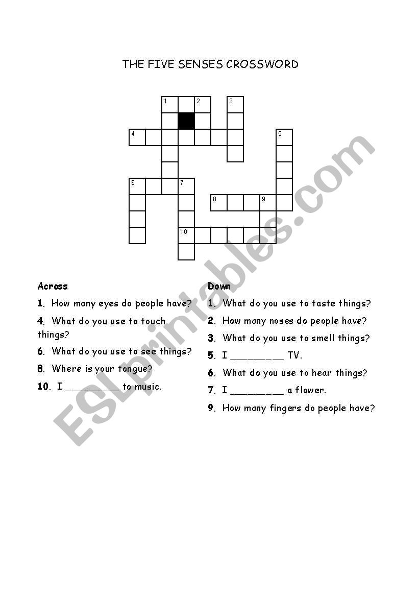 Five Senses Crossword worksheet