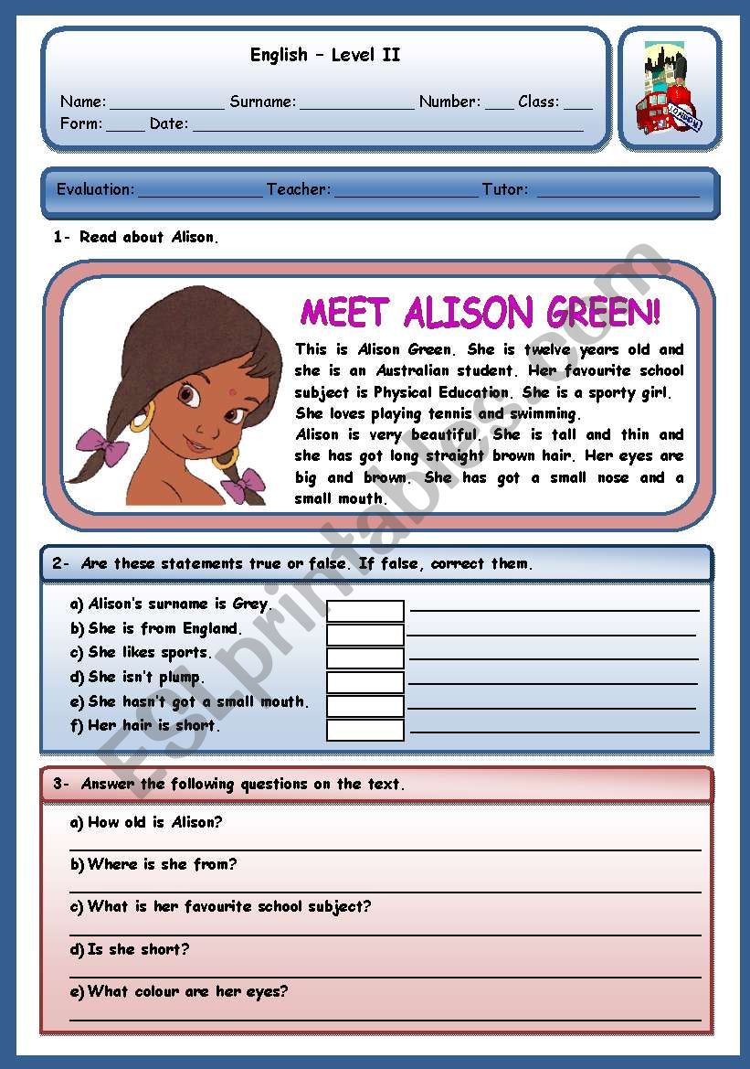 MEET ALISON GREEN (DESCRIBING PEOPLE TEST) 3 PAGES