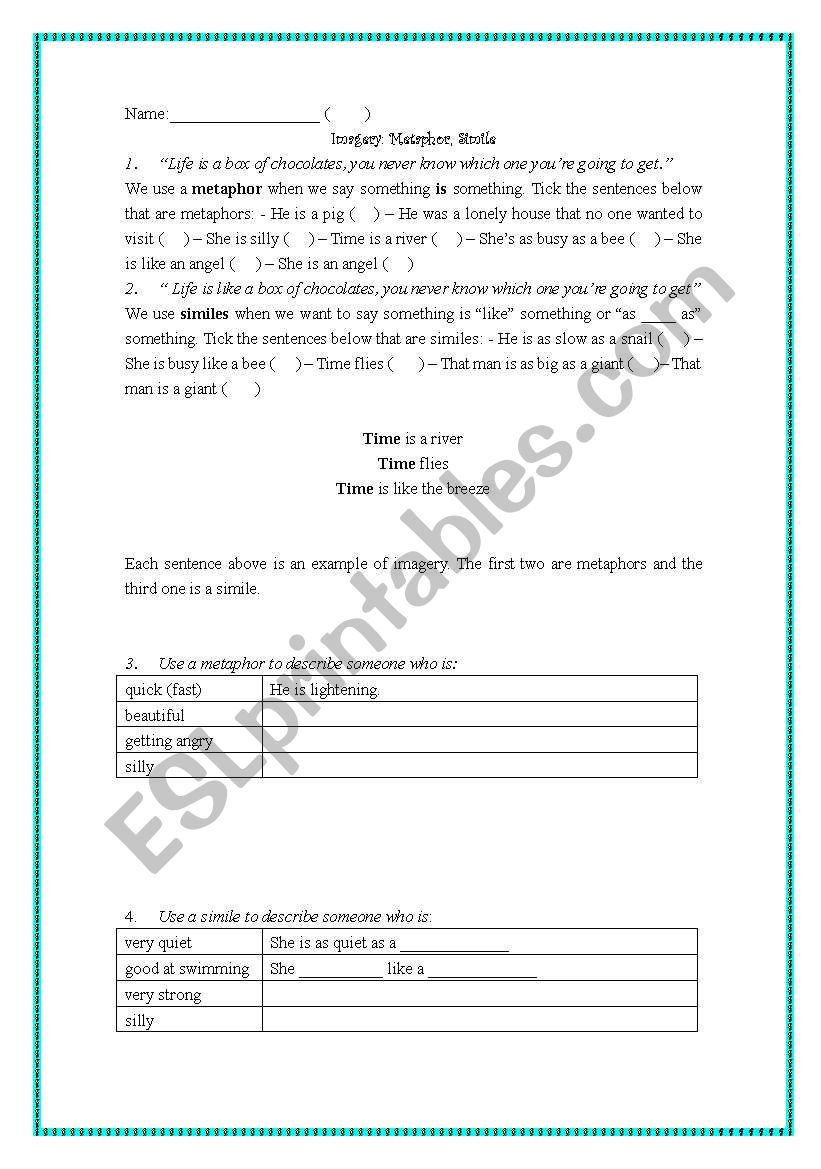 Imagery: Metaphor, Simile worksheet