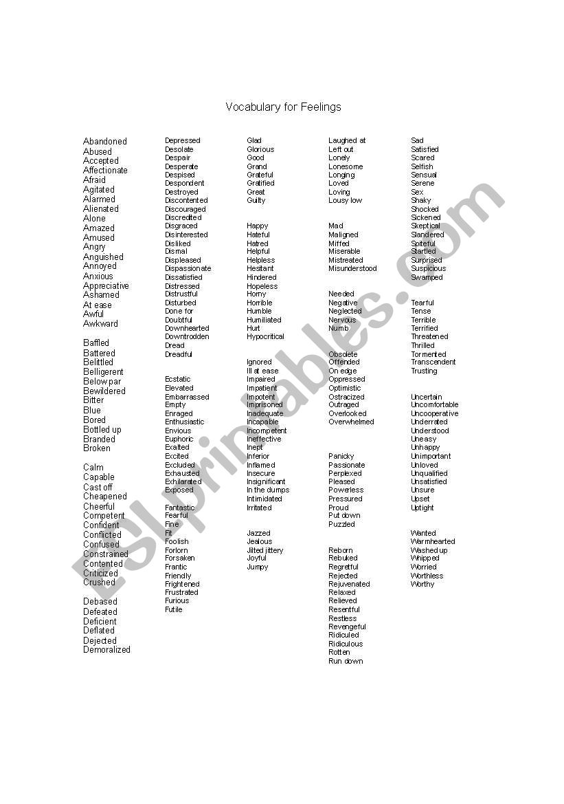 vocabulary for feeling worksheet