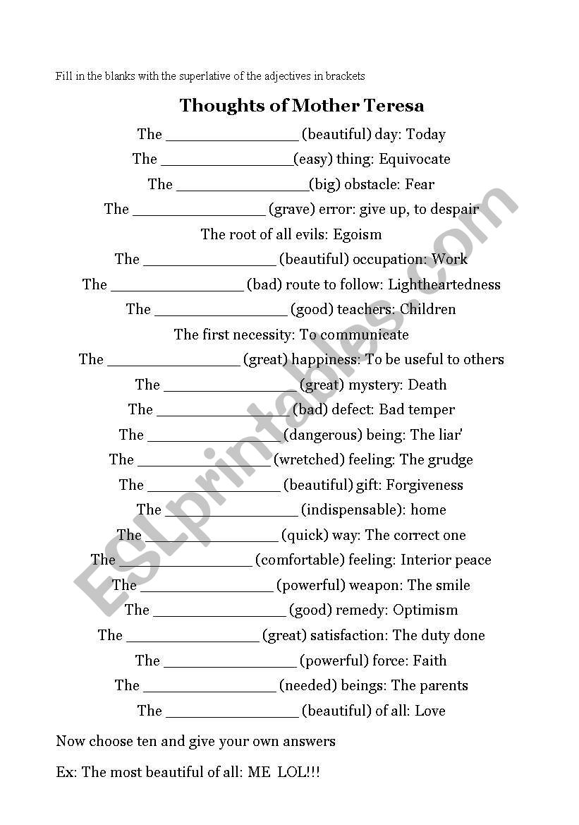 mother teresas thoughts worksheet