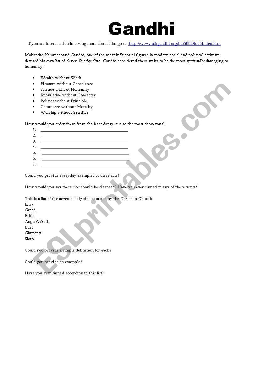 seven deadly sins worksheet