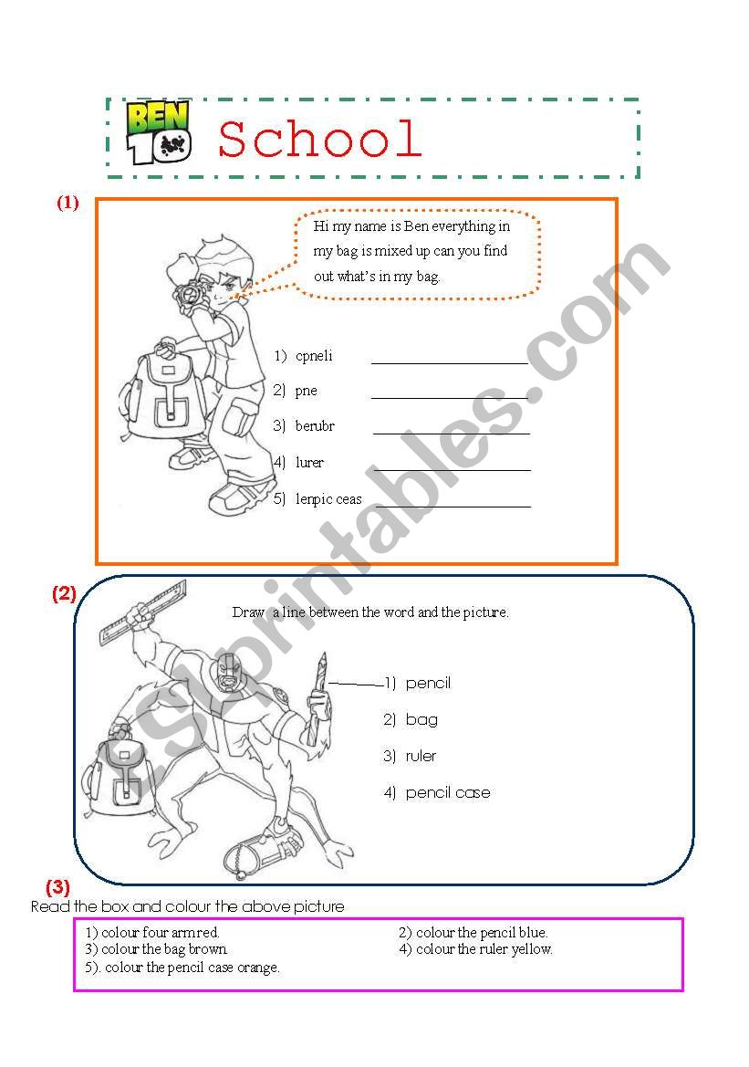School objects (ben 10) worksheet