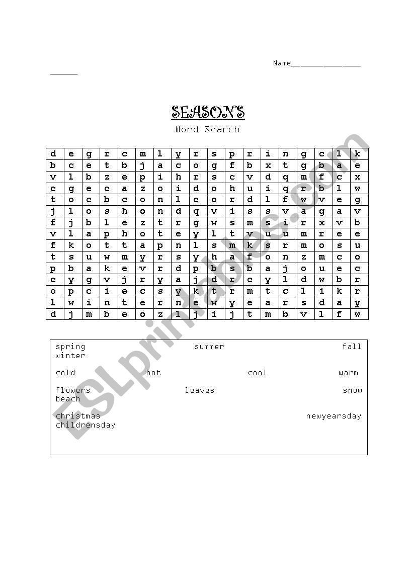 Seasons wordsearch worksheet