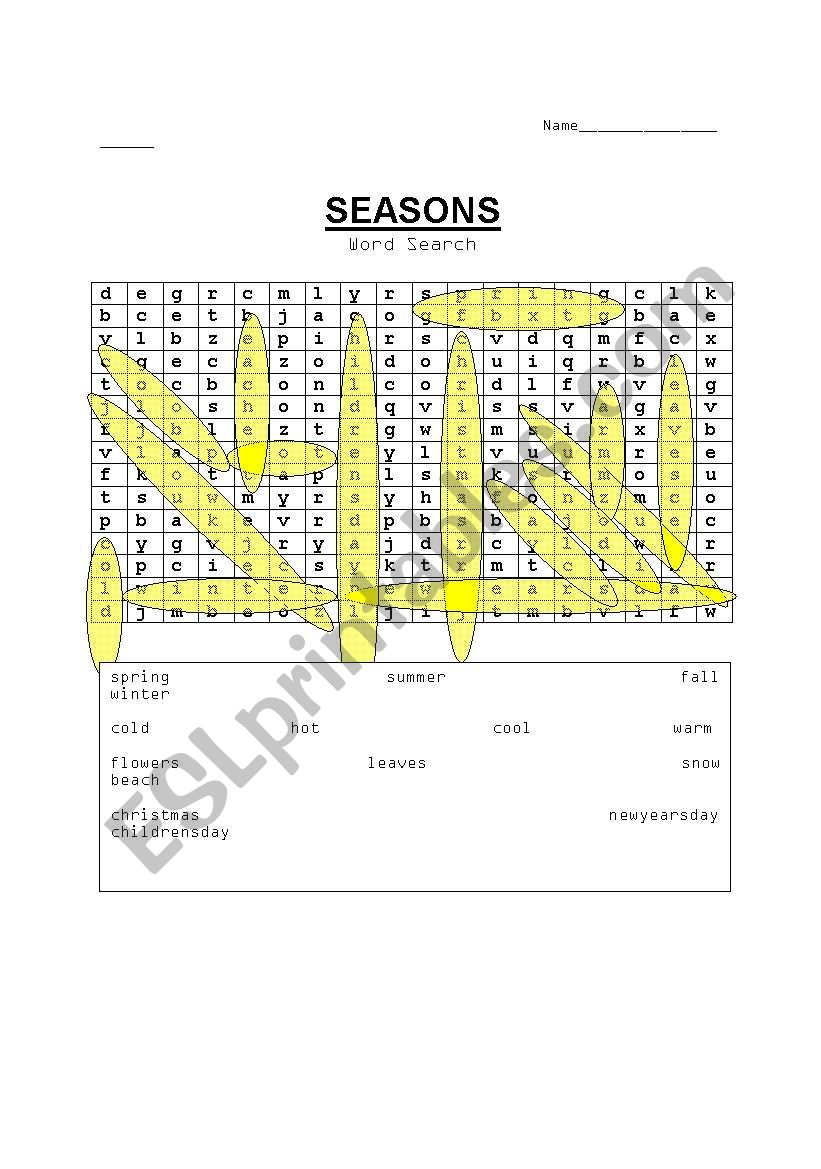 Answers to Seasons wordsearch worksheet