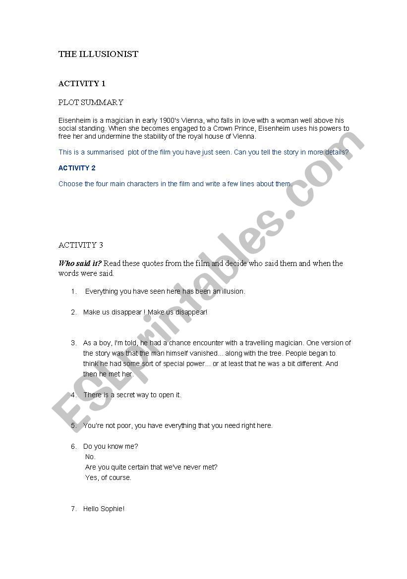 the ilusionist movie worksheet