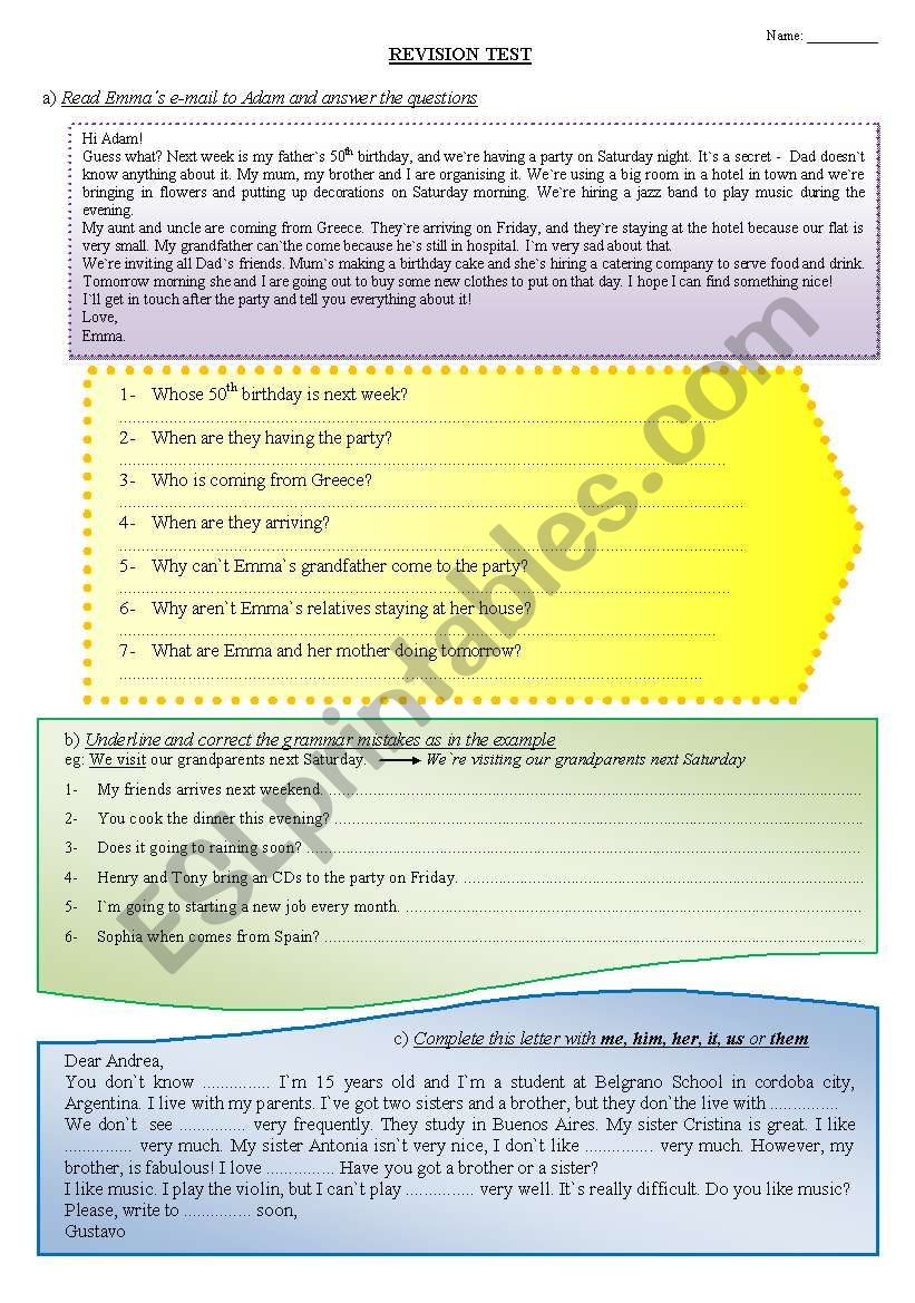 exam on simple present, object pronouns, going to