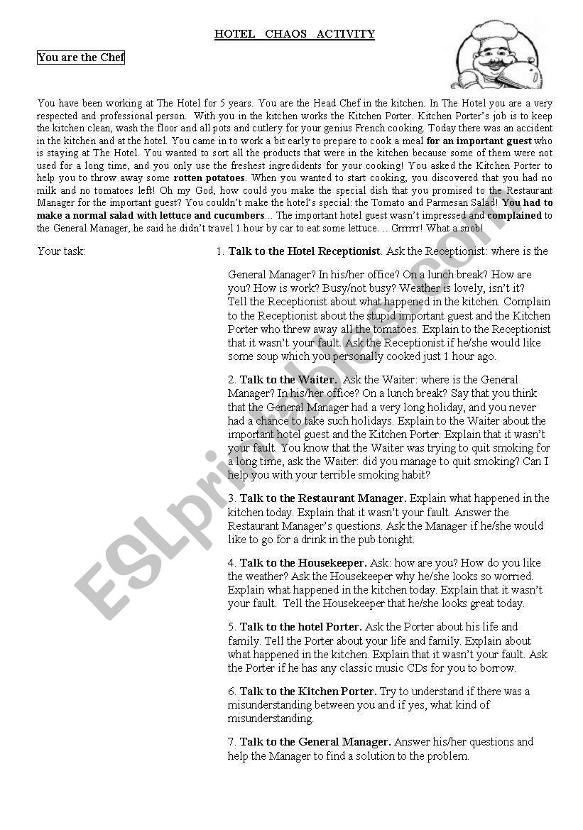 Hotel Chaos Activity worksheet