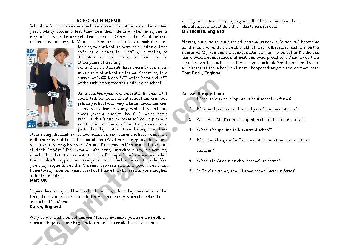 School uniforms worksheet