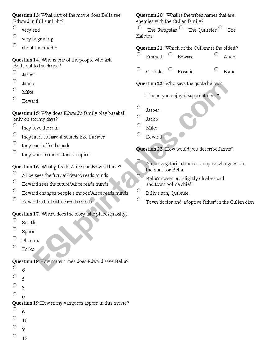 TWILIGHT PART 2 worksheet