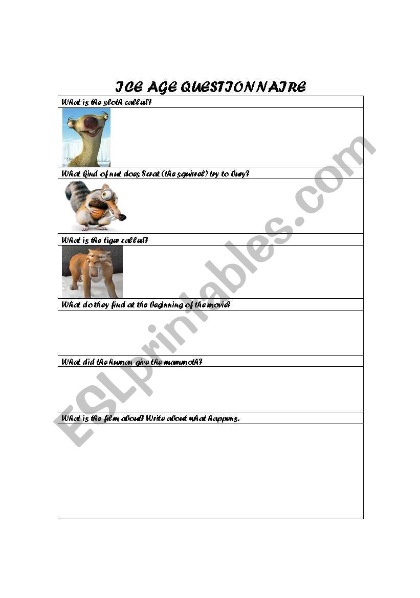 Ice age questionnaire worksheet