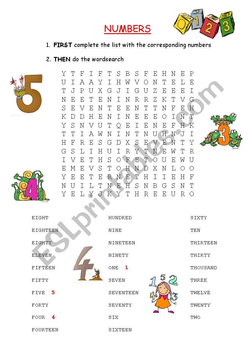 WORDSEARCH: NUMBERS worksheet