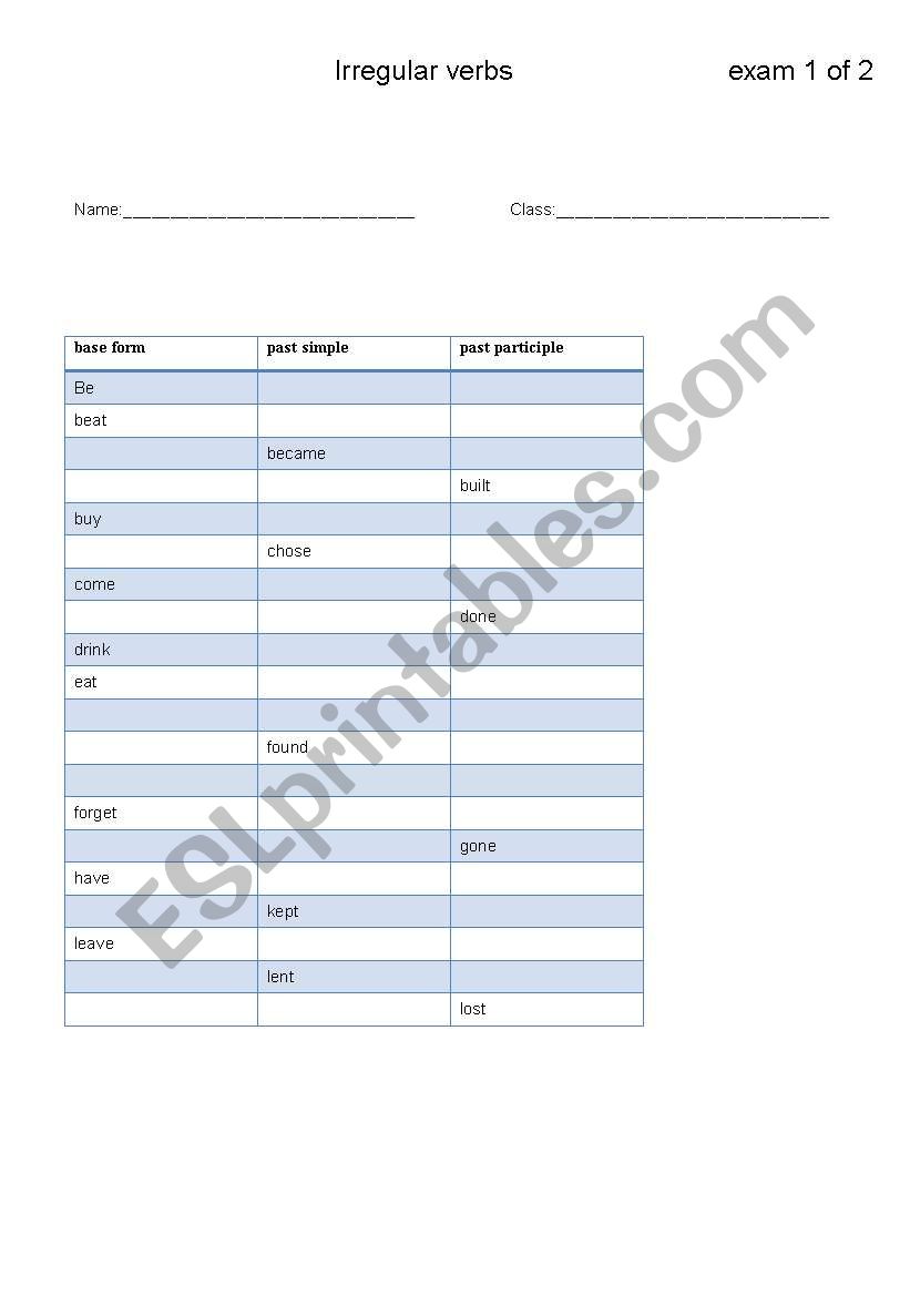 Irregular verbs worksheet