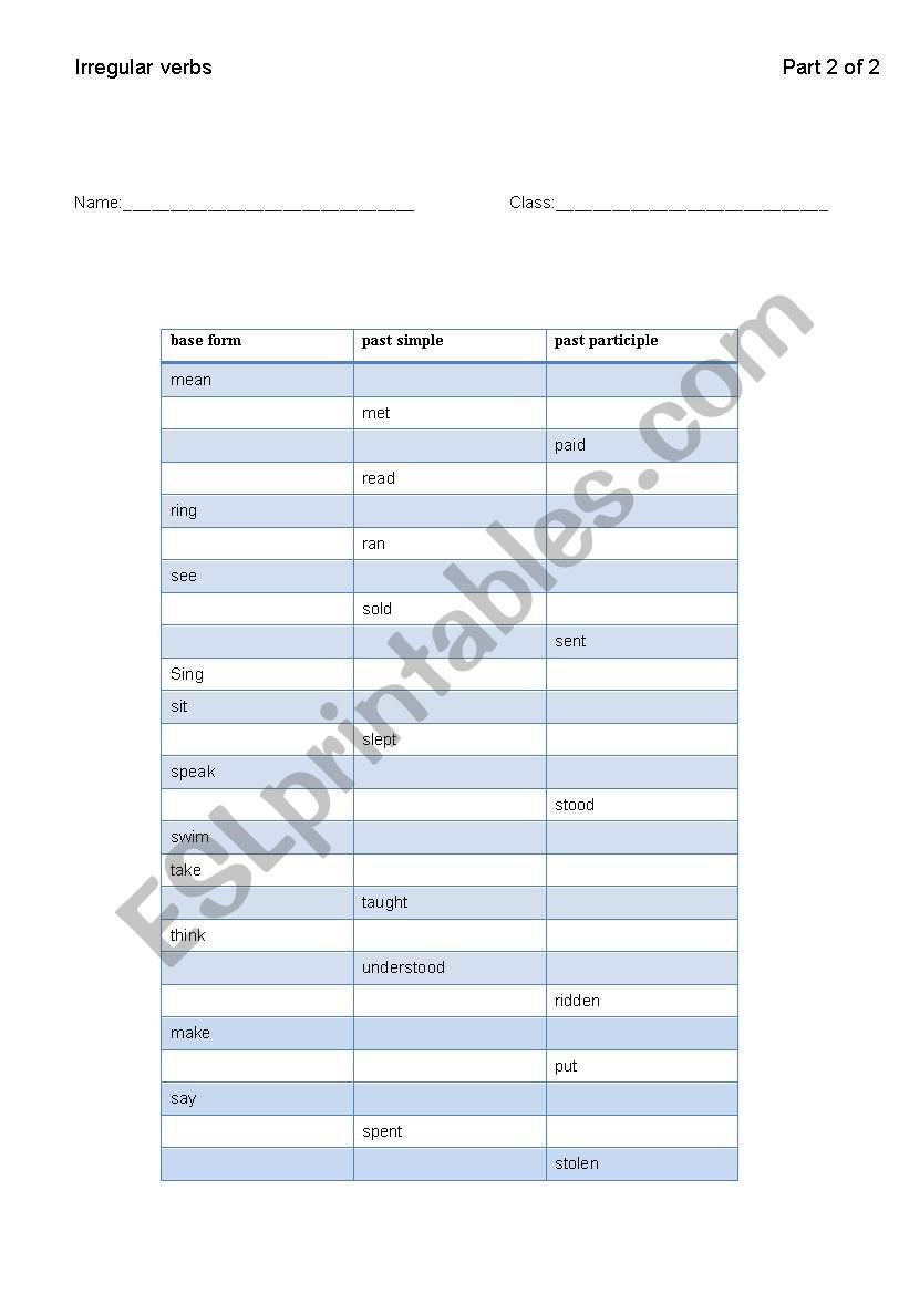 Irregular verbs part 2 of 2 worksheet