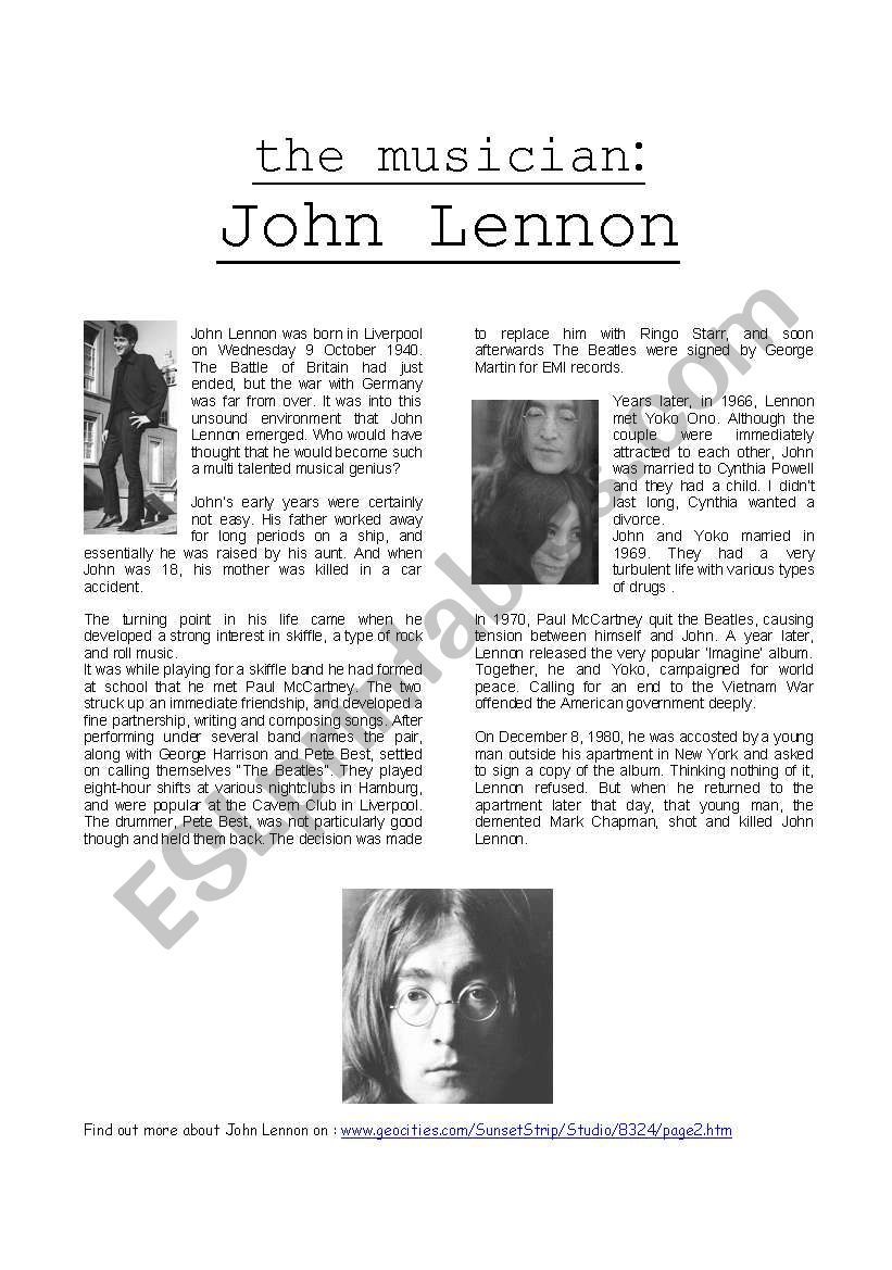 biography John Lennon worksheet