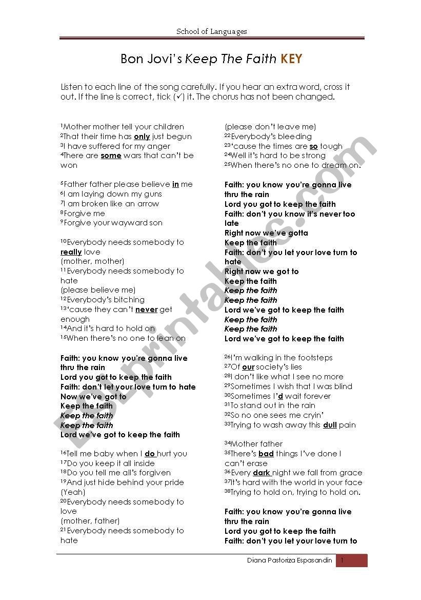 BON JOVI - Keep the Faith worksheet