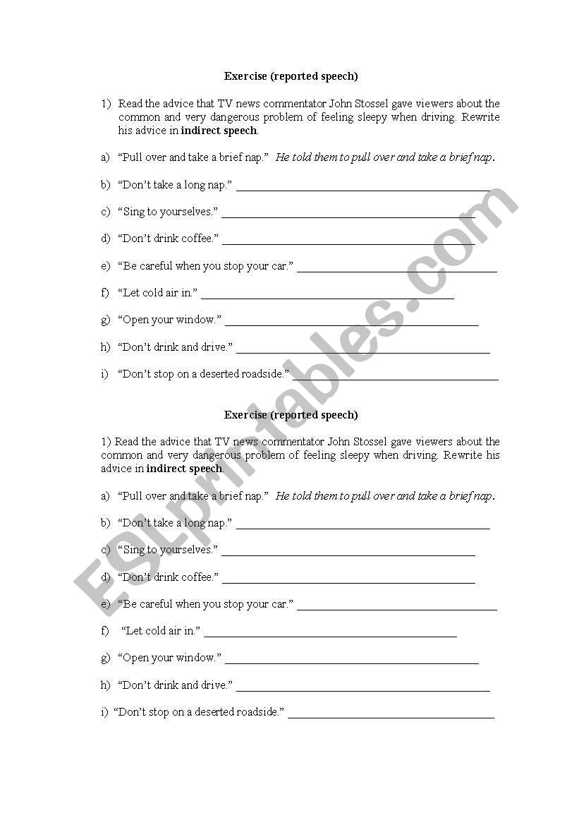 Reported Speech - Exercise worksheet