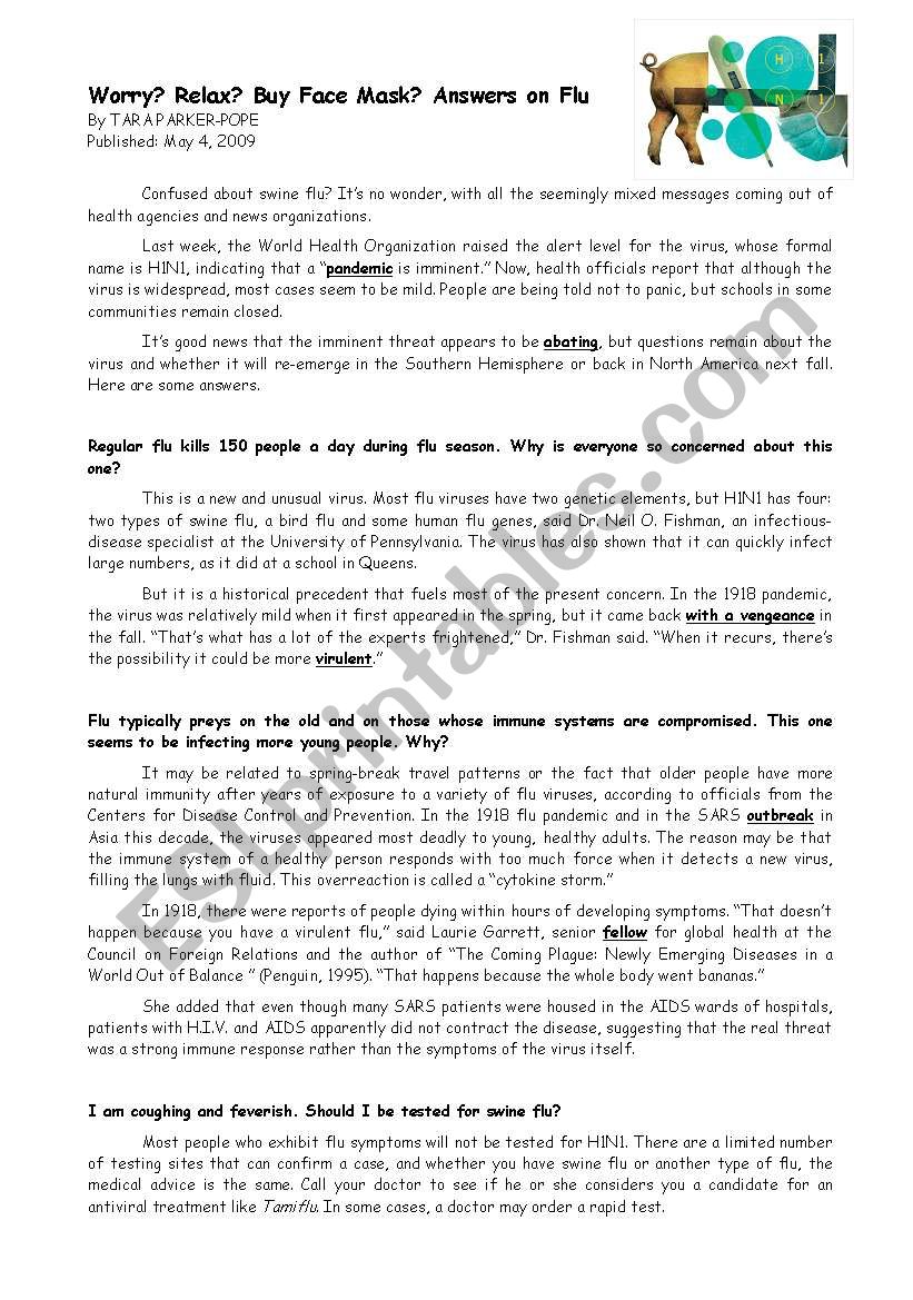 Swine Flu Reading worksheet