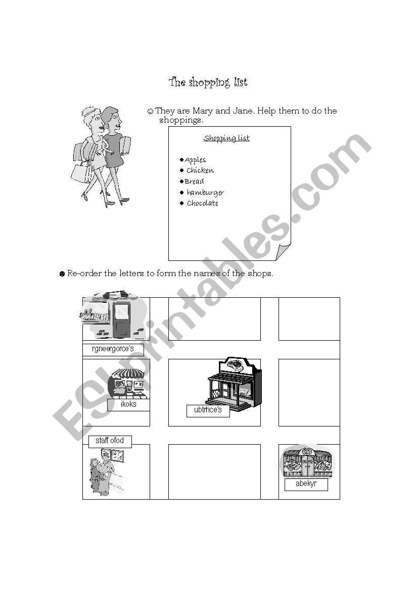 the shopping list worksheet