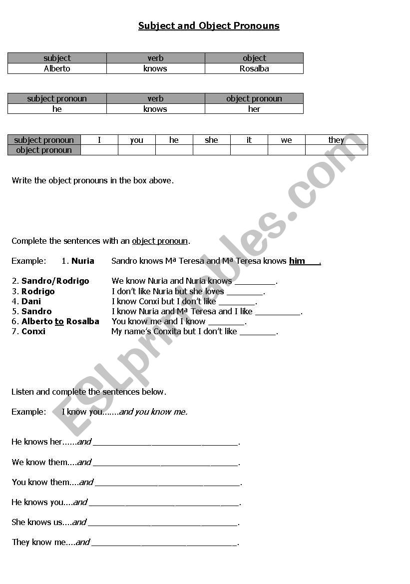 sbject and object pronouns worksheet