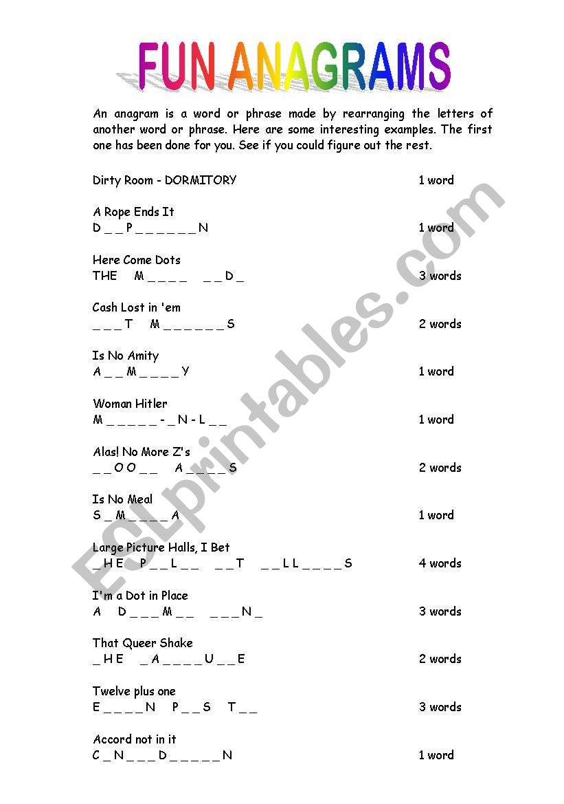 Fun Anagrams worksheet