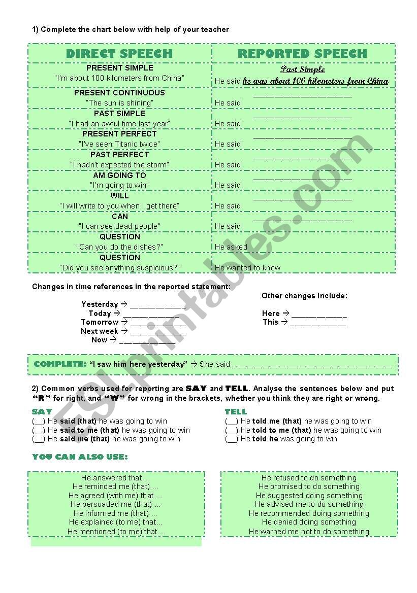 REPORTED SPEECH worksheet